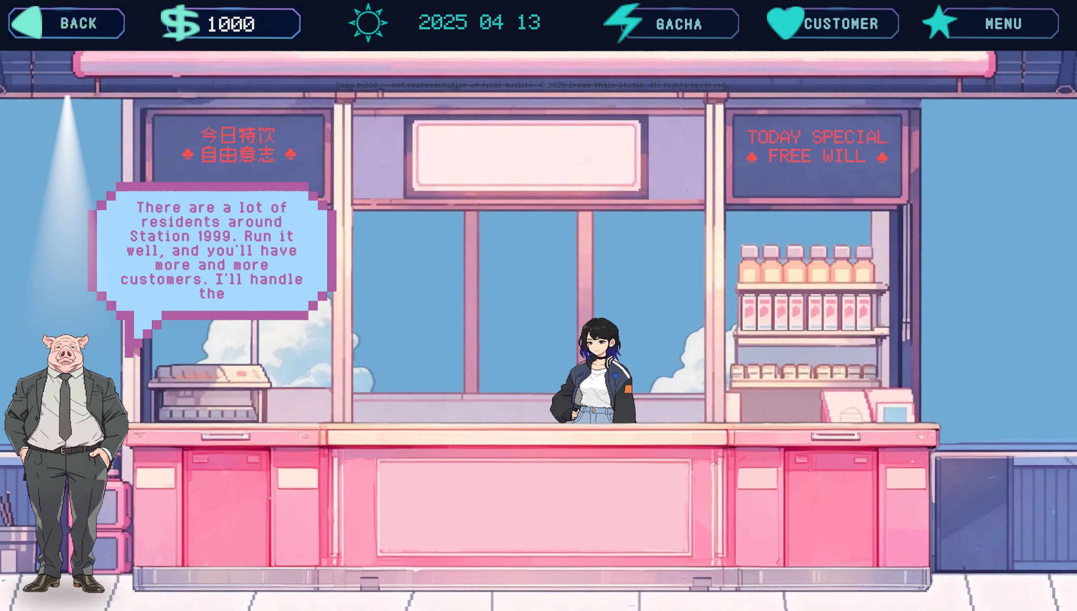 Daytime milk tea shop conversation with a station resident