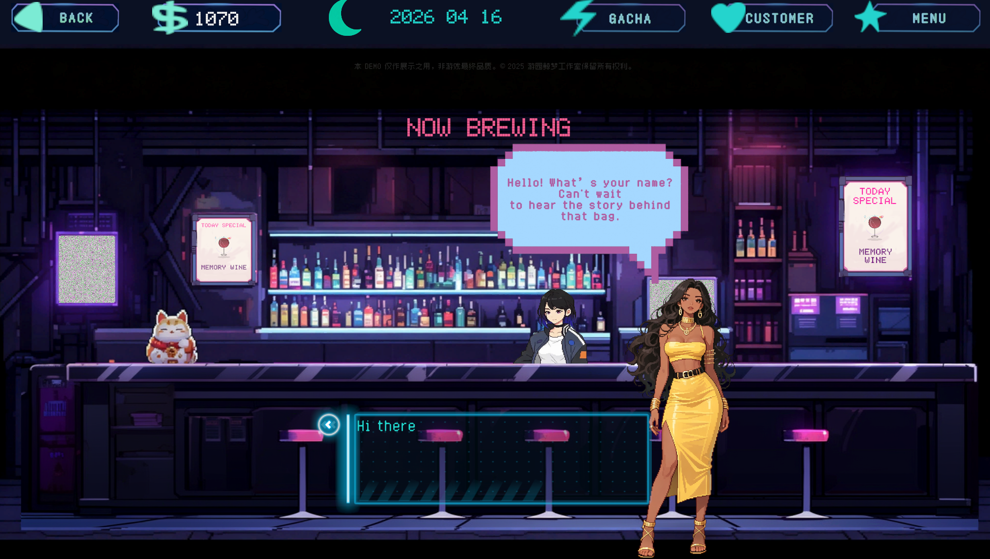 Night bar conversation with a customer in a yellow dress