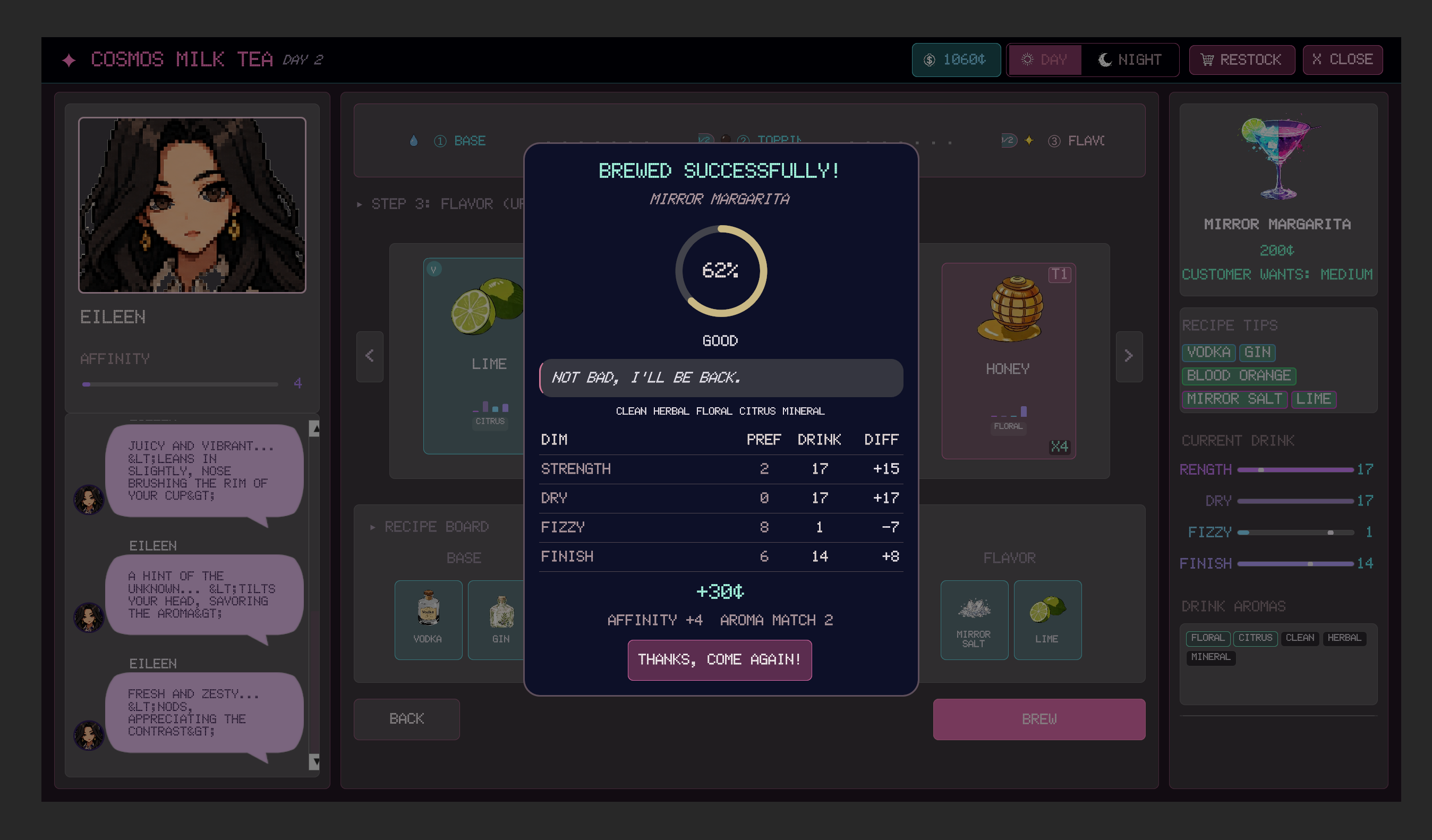 Completed cocktail result and customer affinity screen