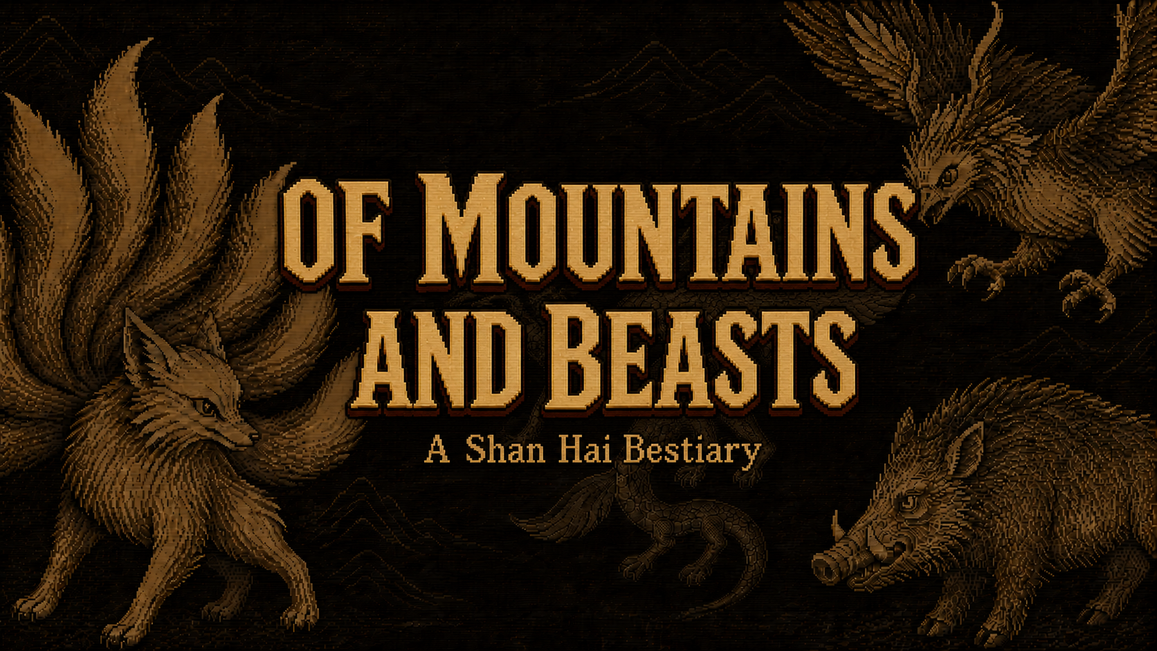 Of Mountains and Beasts title surrounded by mythical creatures